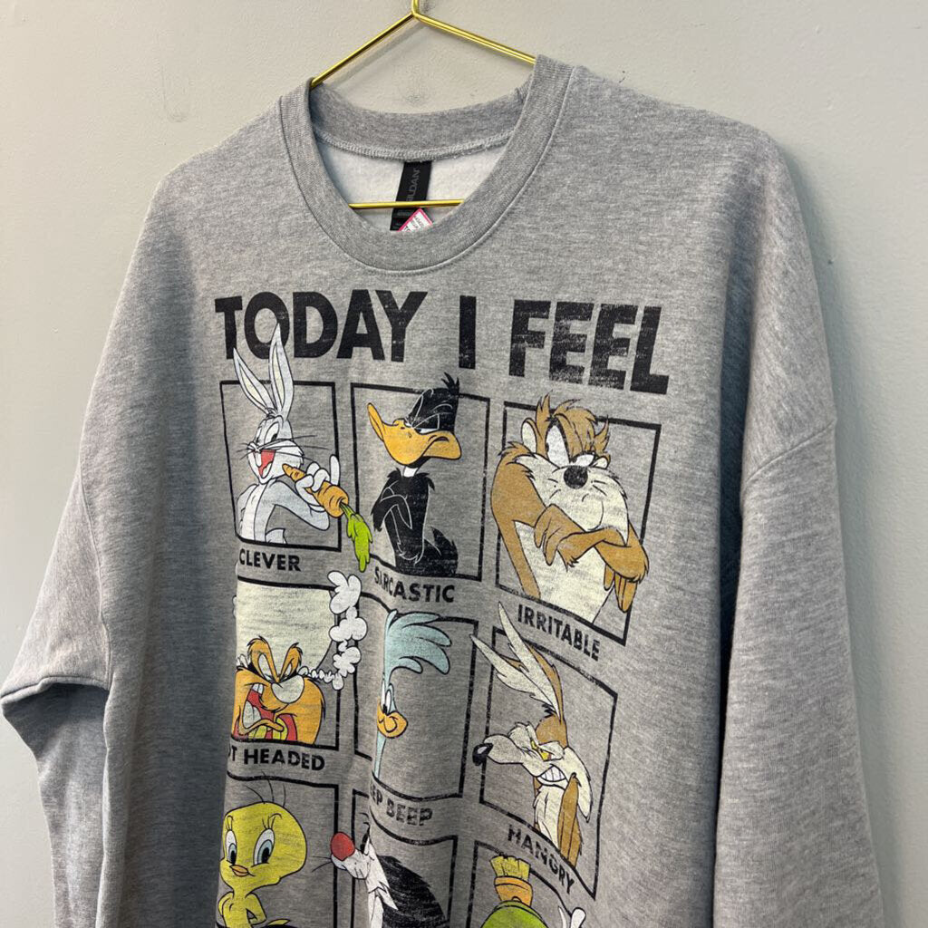 Gildan Grey/ Multi Looney Tunes Long Sleeve Graphic Pullover Extra Large