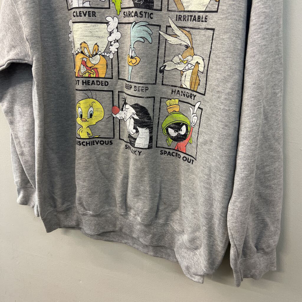 Gildan Grey/ Multi Looney Tunes Long Sleeve Graphic Pullover Extra Large