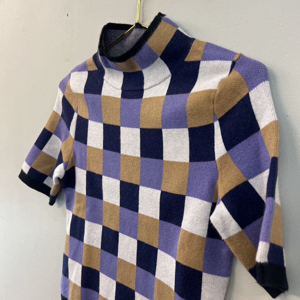Maeve Purple/ Multi Checkered Mock Neck Short Sleeve Top Small