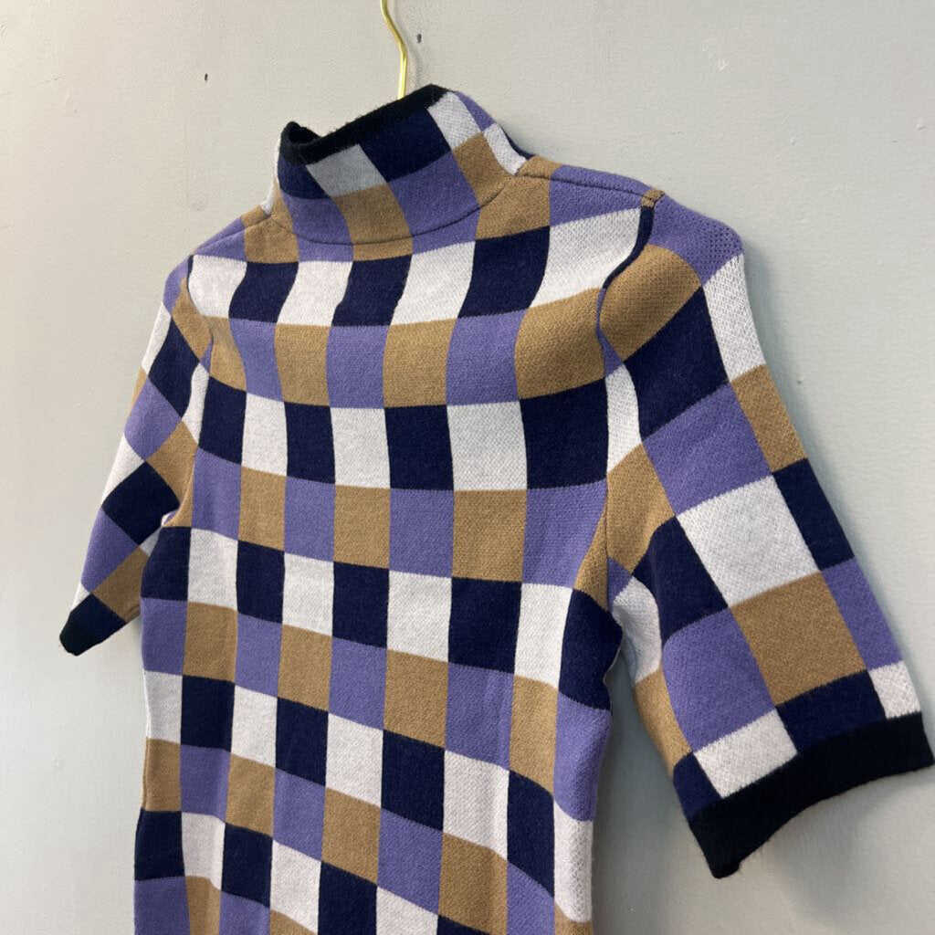Maeve Purple/ Multi Checkered Mock Neck Short Sleeve Top Small