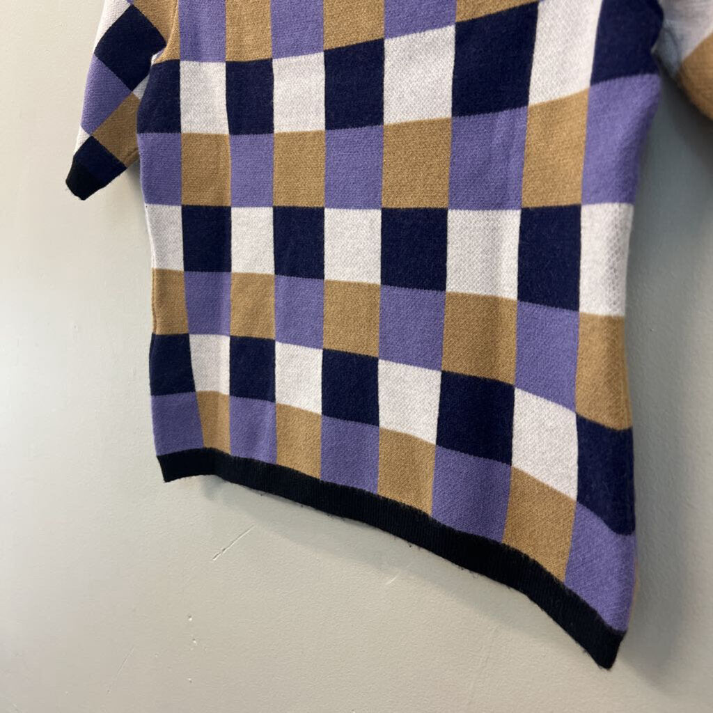 Maeve Purple/ Multi Checkered Mock Neck Short Sleeve Top Small