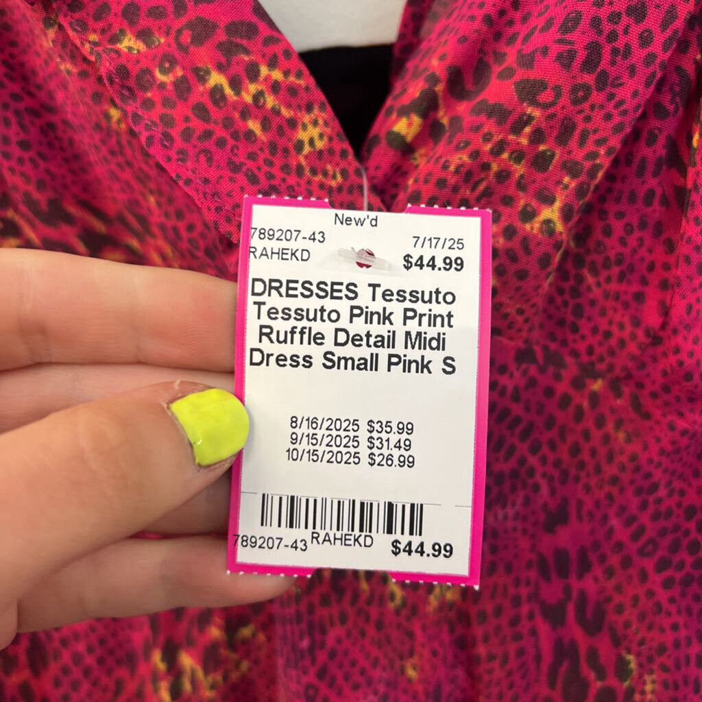 Tessuto Pink Print Ruffle Detail Midi Dress Small