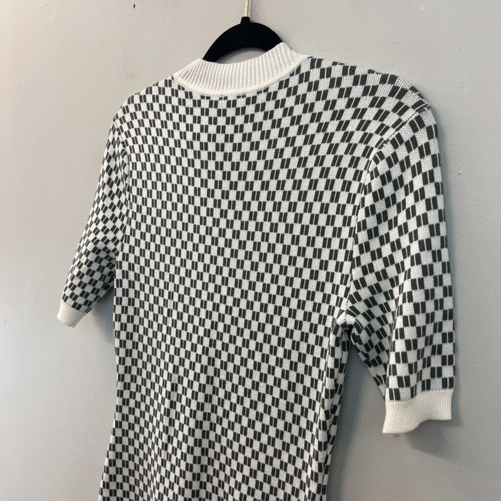 Abercrombie and Fitch White/ Green Checkered Print Short Sleeve Knit Dress Medium