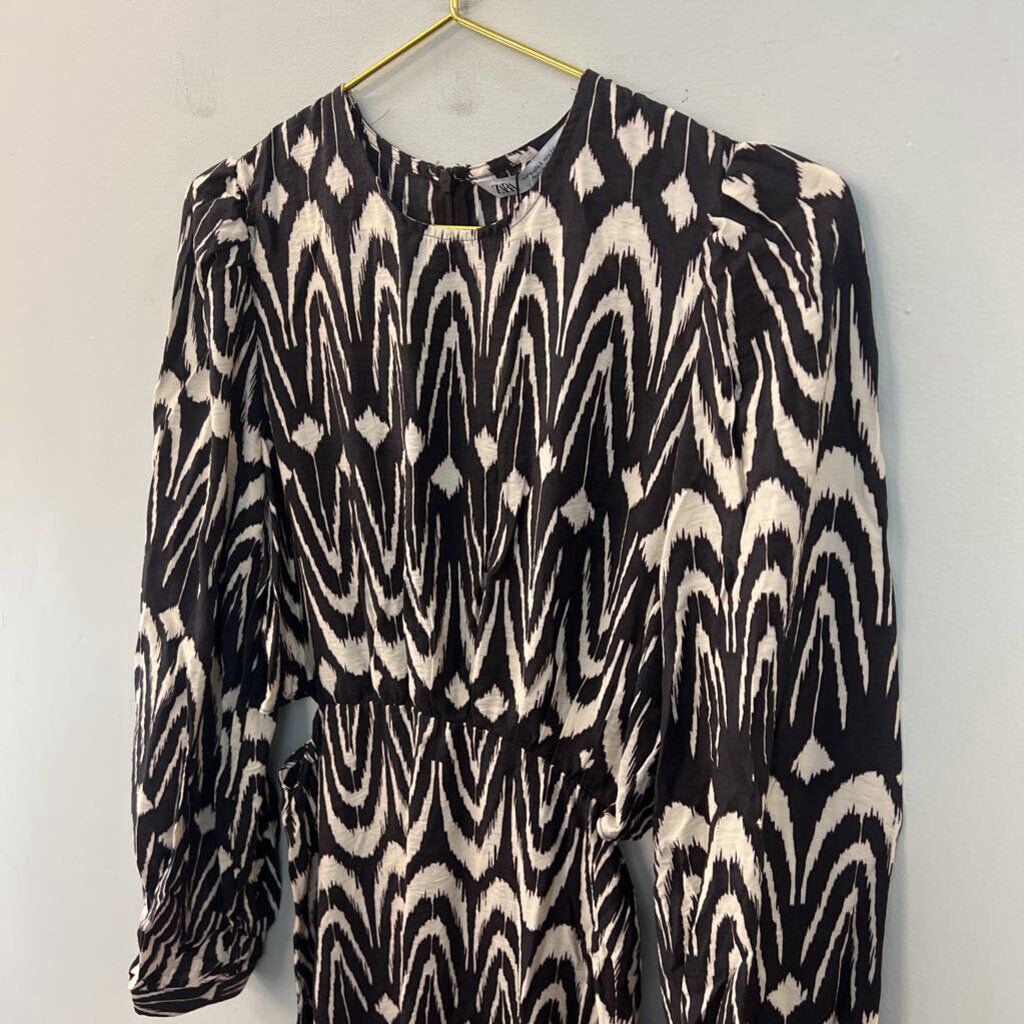 Zara Black/ Cream Print Long Sleeve Maxi Dress Small