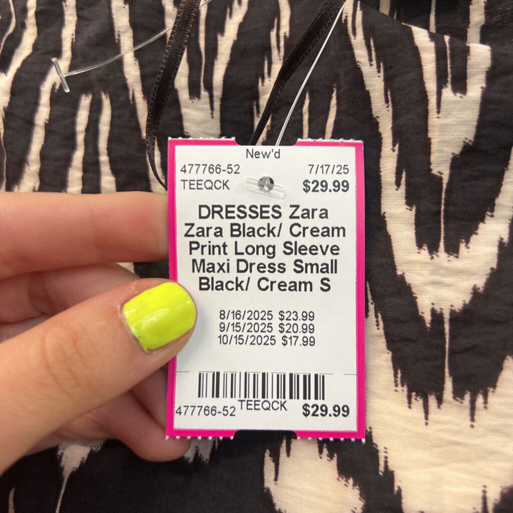 Zara Black/ Cream Print Long Sleeve Maxi Dress Small