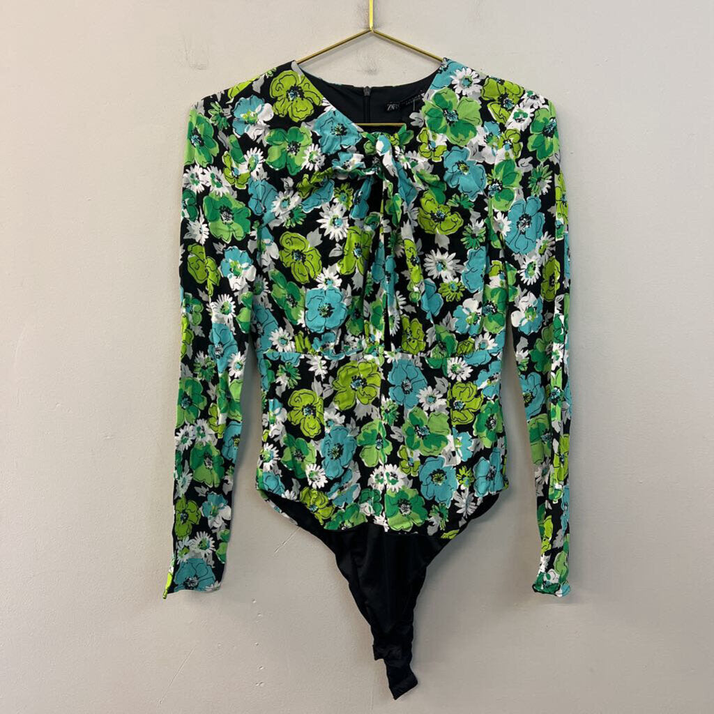 Zara Black/ Green/ Blue Flower Print Long Sleeve Bodysuit Small