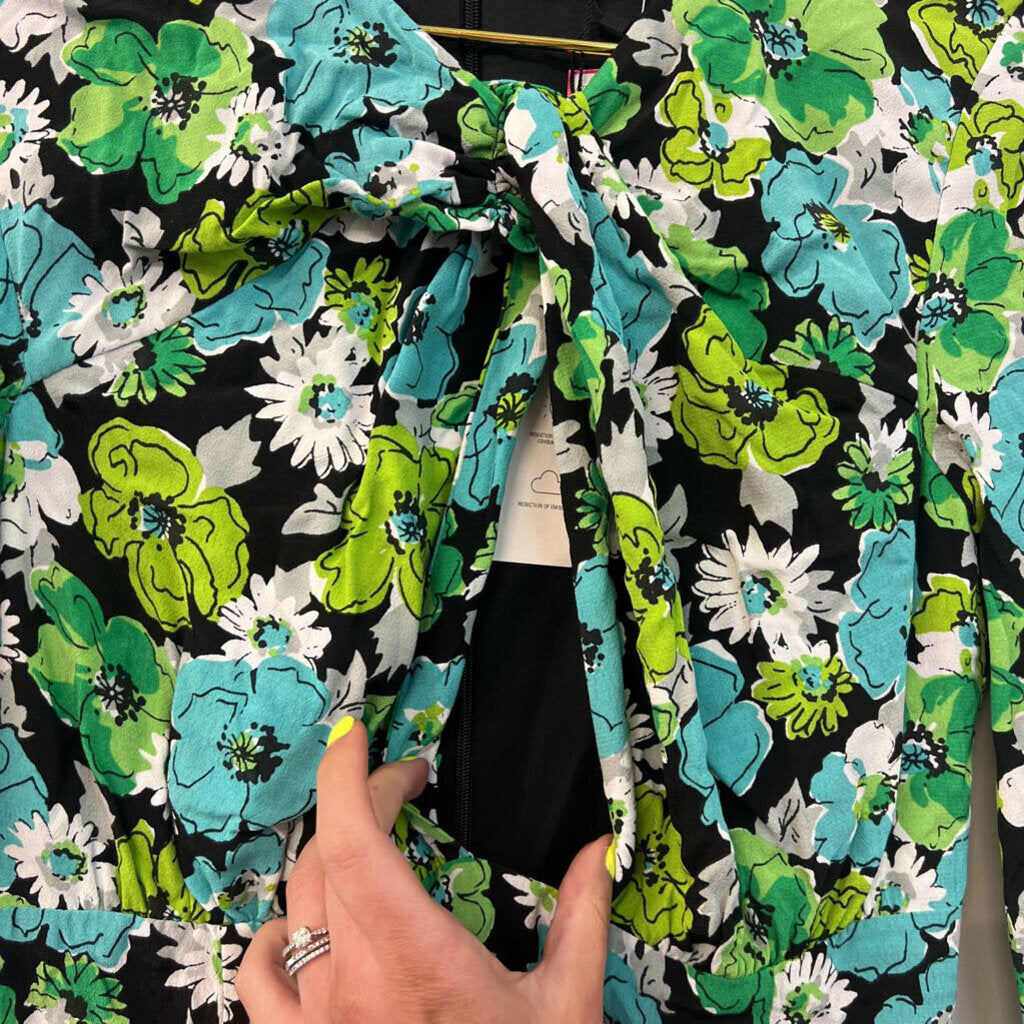 Zara Black/ Green/ Blue Flower Print Long Sleeve Bodysuit Small