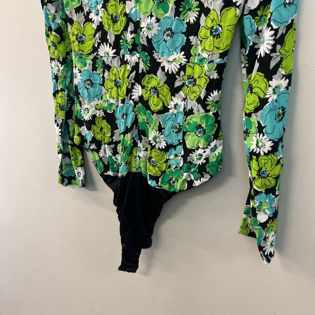 Zara Black/ Green/ Blue Flower Print Long Sleeve Bodysuit Small