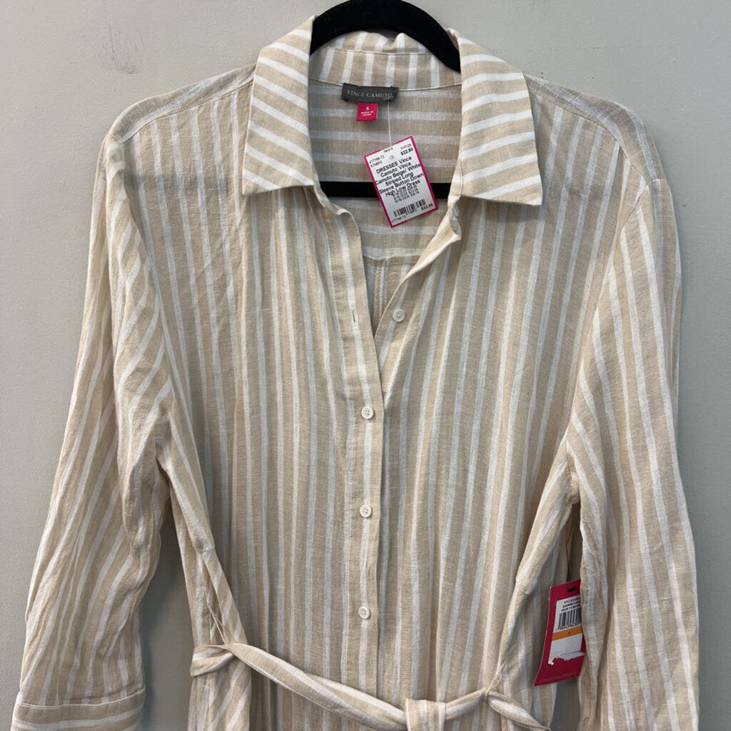 Vince Camuto Beige/ White Striped Long Sleeve Button Down High Low Dress Small