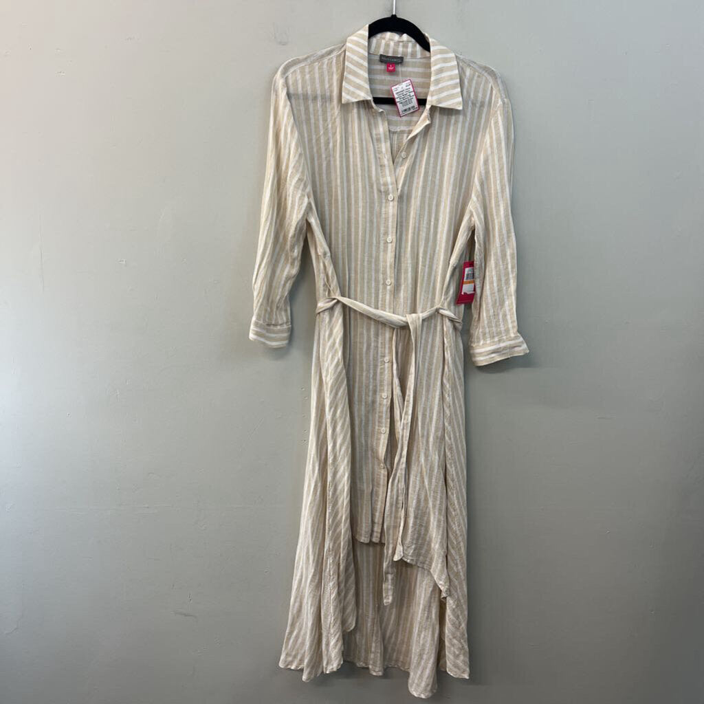 Vince Camuto Beige/ White Striped Long Sleeve Button Down High Low Dress Small