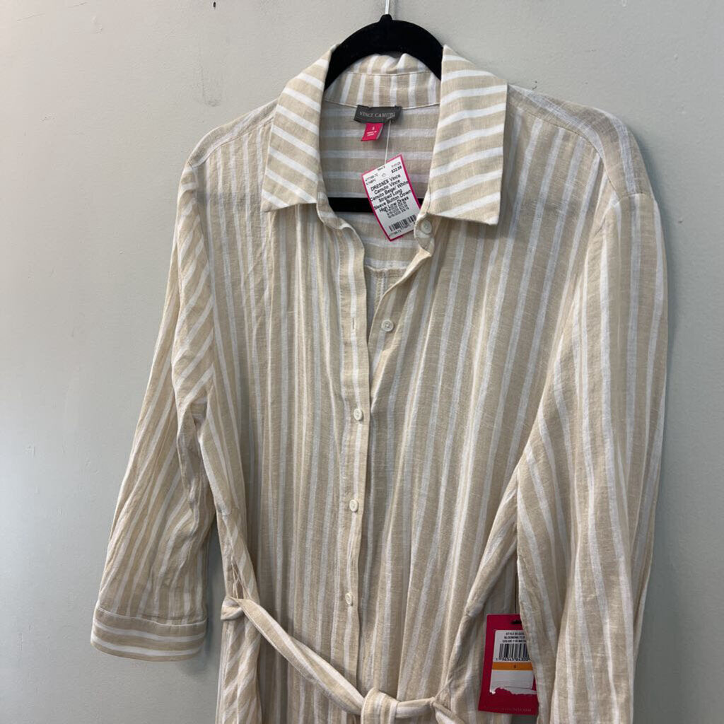 Vince Camuto Beige/ White Striped Long Sleeve Button Down High Low Dress Small