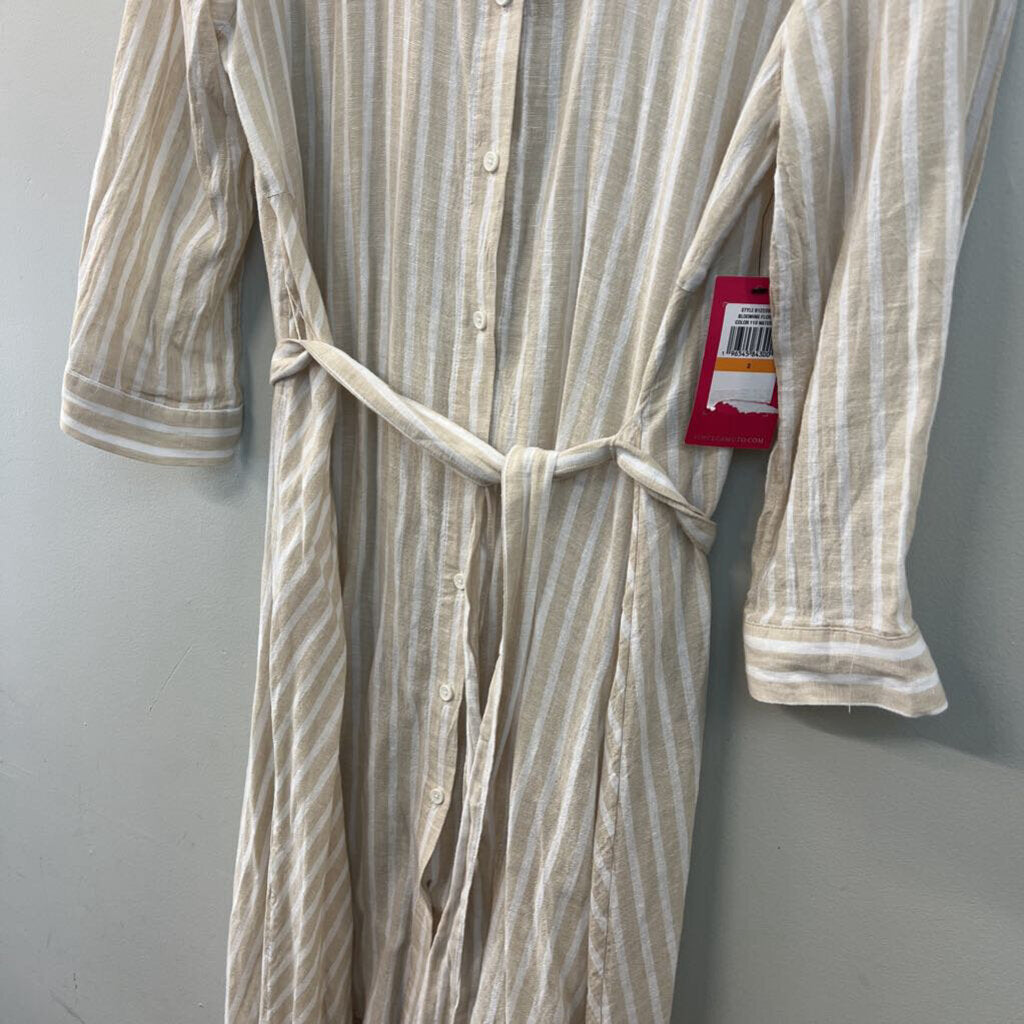 Vince Camuto Beige/ White Striped Long Sleeve Button Down High Low Dress Small