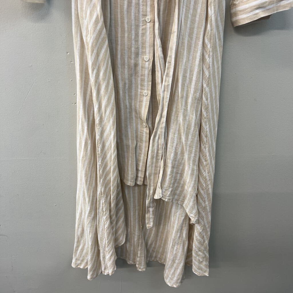 Vince Camuto Beige/ White Striped Long Sleeve Button Down High Low Dress Small