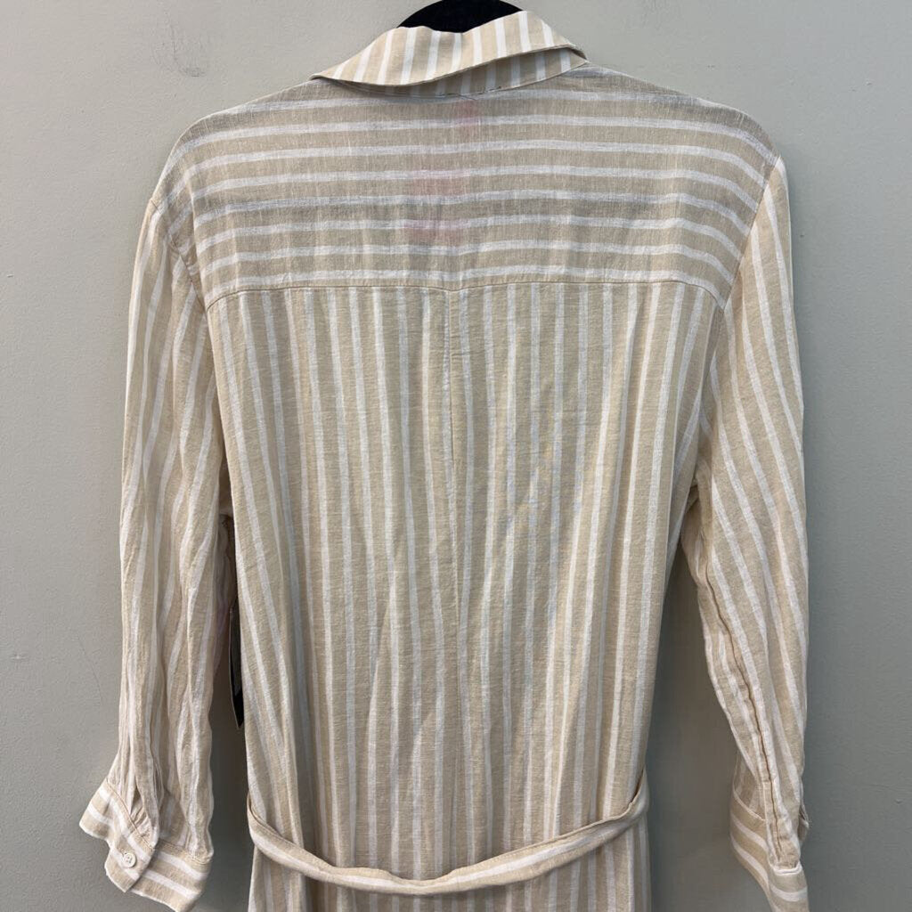 Vince Camuto Beige/ White Striped Long Sleeve Button Down High Low Dress Small