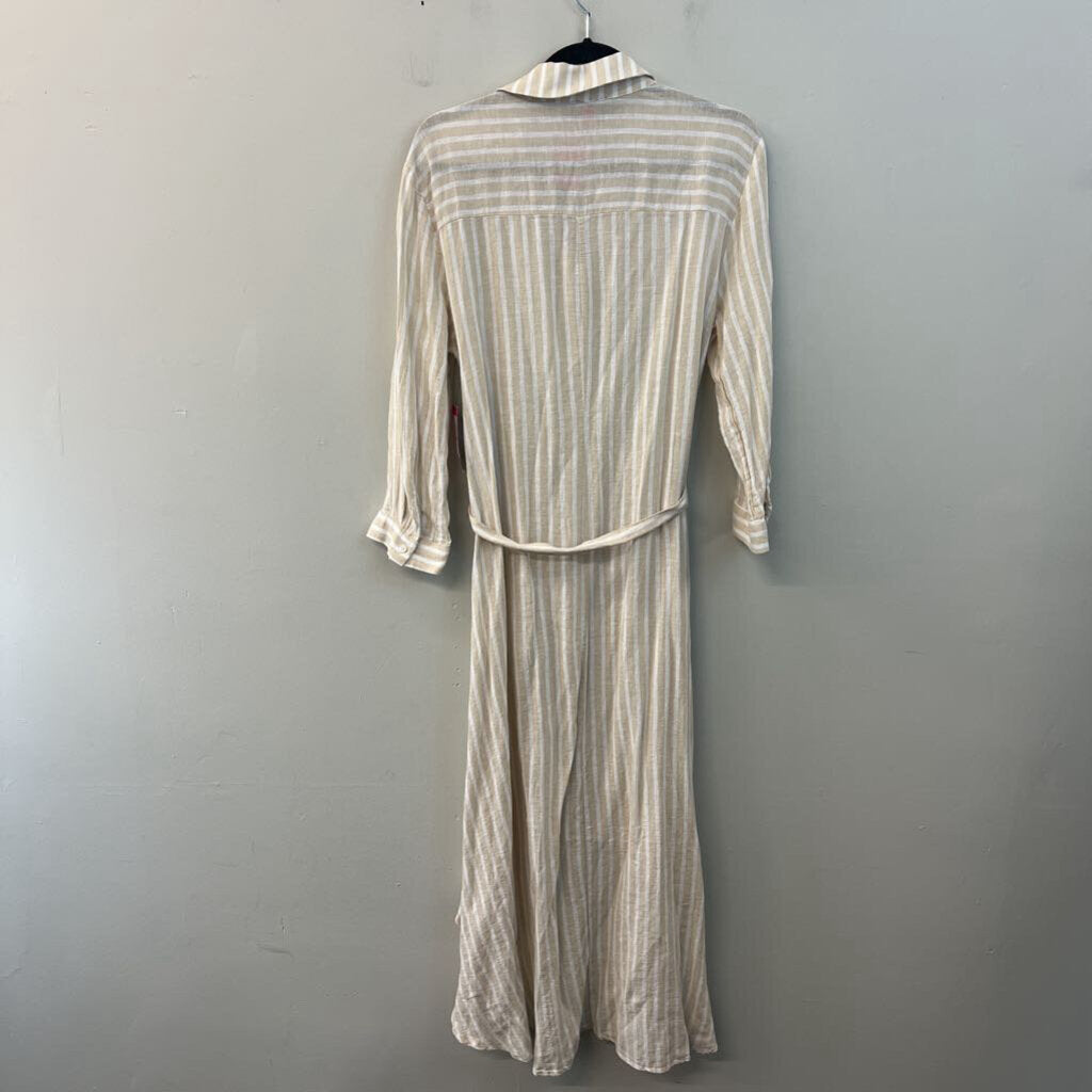Vince Camuto Beige/ White Striped Long Sleeve Button Down High Low Dress Small
