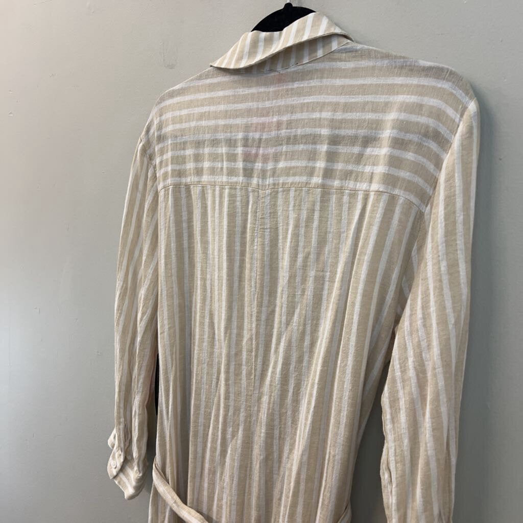 Vince Camuto Beige/ White Striped Long Sleeve Button Down High Low Dress Small