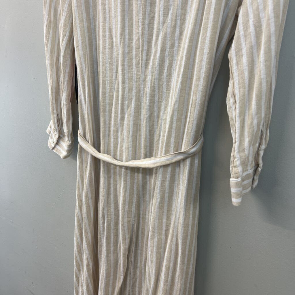 Vince Camuto Beige/ White Striped Long Sleeve Button Down High Low Dress Small