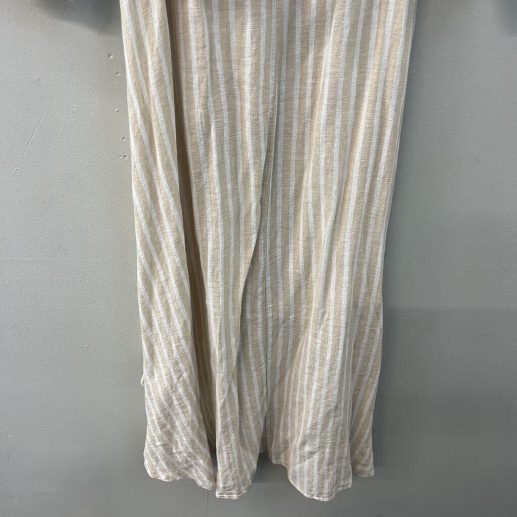 Vince Camuto Beige/ White Striped Long Sleeve Button Down High Low Dress Small