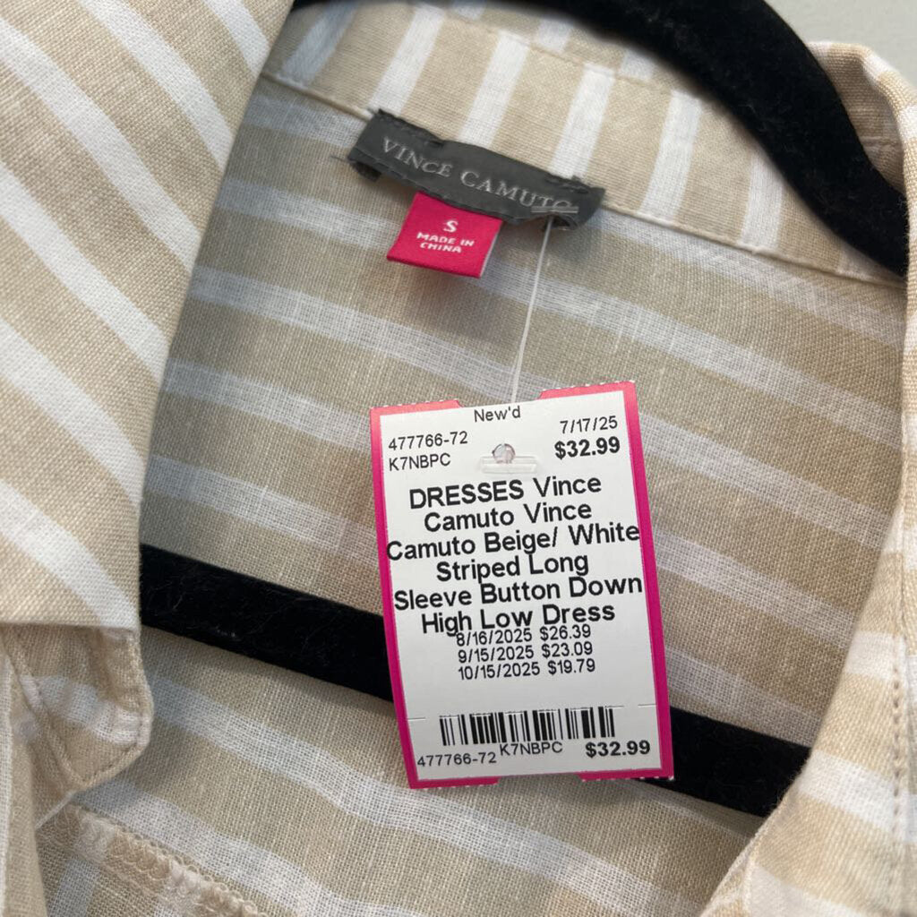 Vince Camuto Beige/ White Striped Long Sleeve Button Down High Low Dress Small