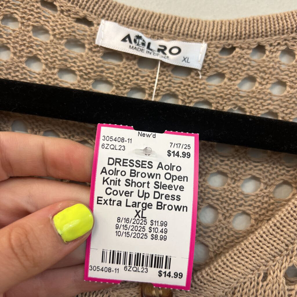 Aolro Brown Open Knit Short Sleeve Cover Up Dress Extra Large