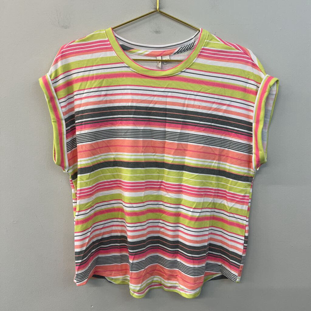 Live Well White/ Multi Striped Short Sleeve Top Medium