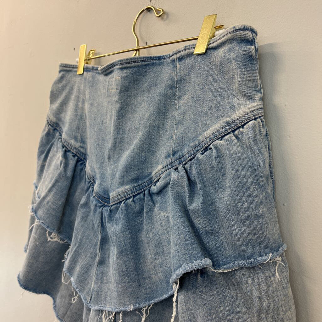 Mother Light Wash Layered Frayed Hem Denim Skirt 34