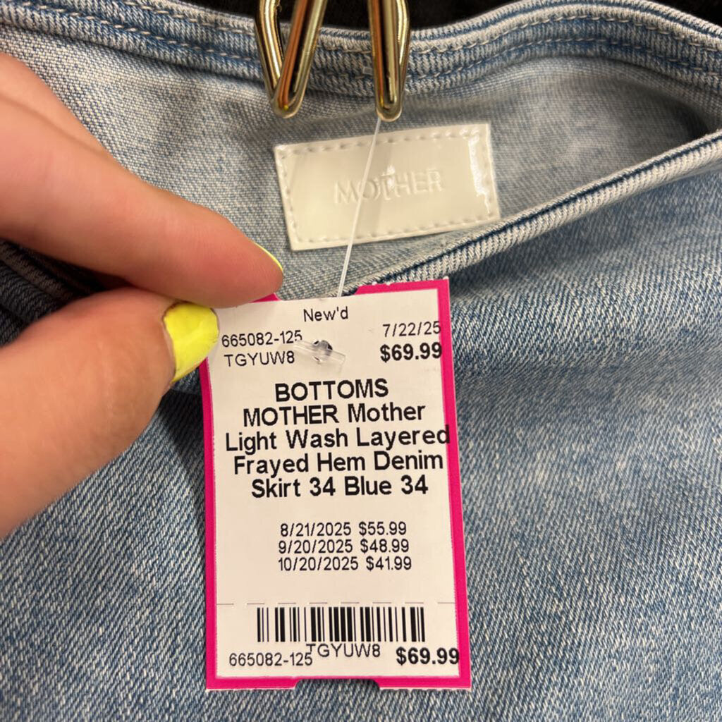 Mother Light Wash Layered Frayed Hem Denim Skirt 34