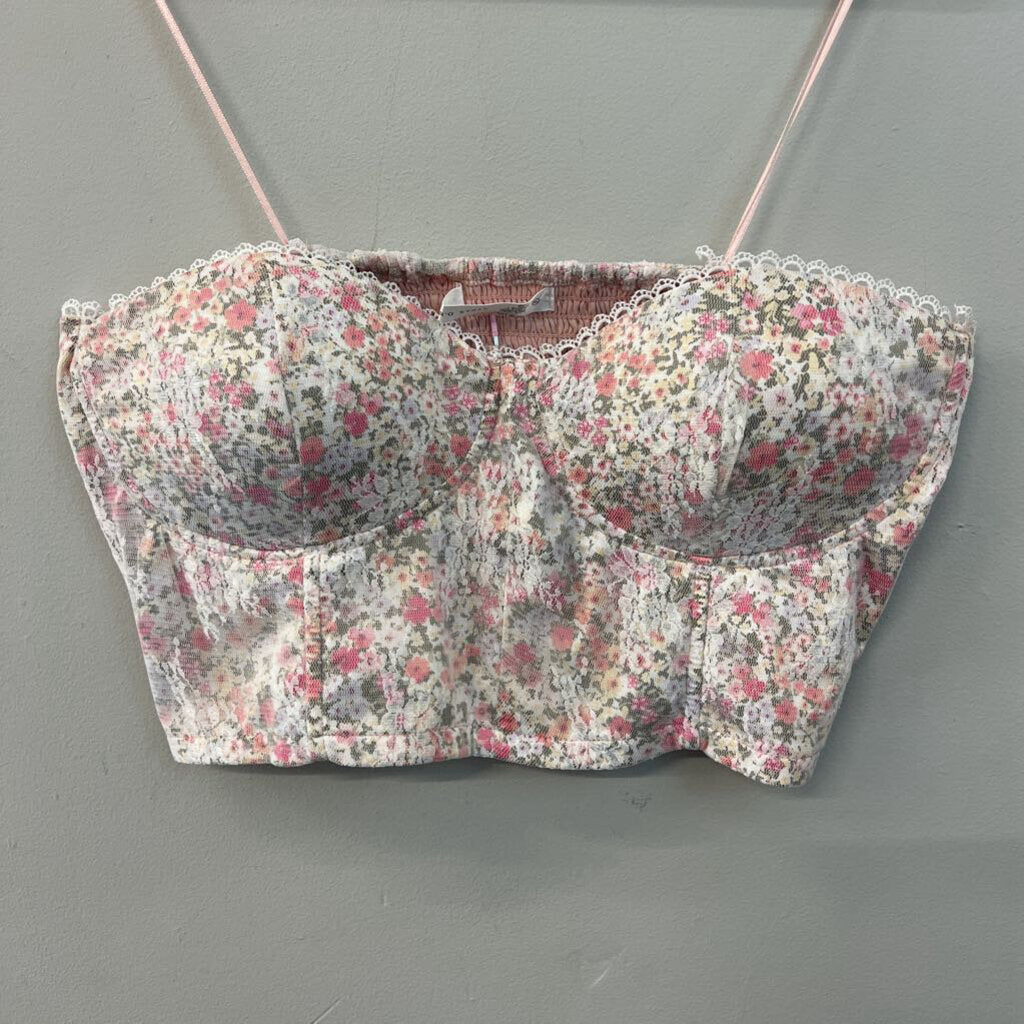 Altar'd State White/ Multi Lace Floral Print Cropped Corset Top Extra Large