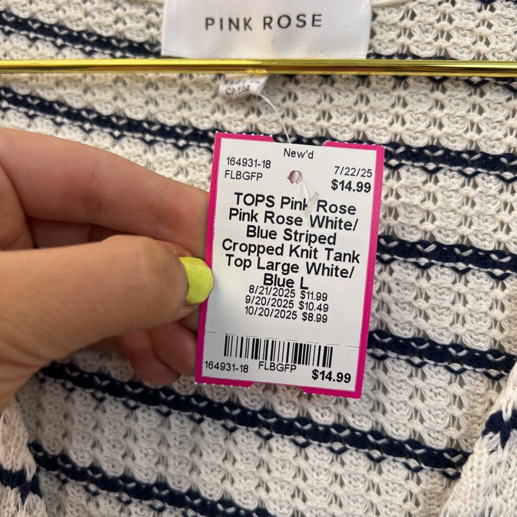 Pink Rose White/ Blue Striped Cropped Knit Tank Top Large