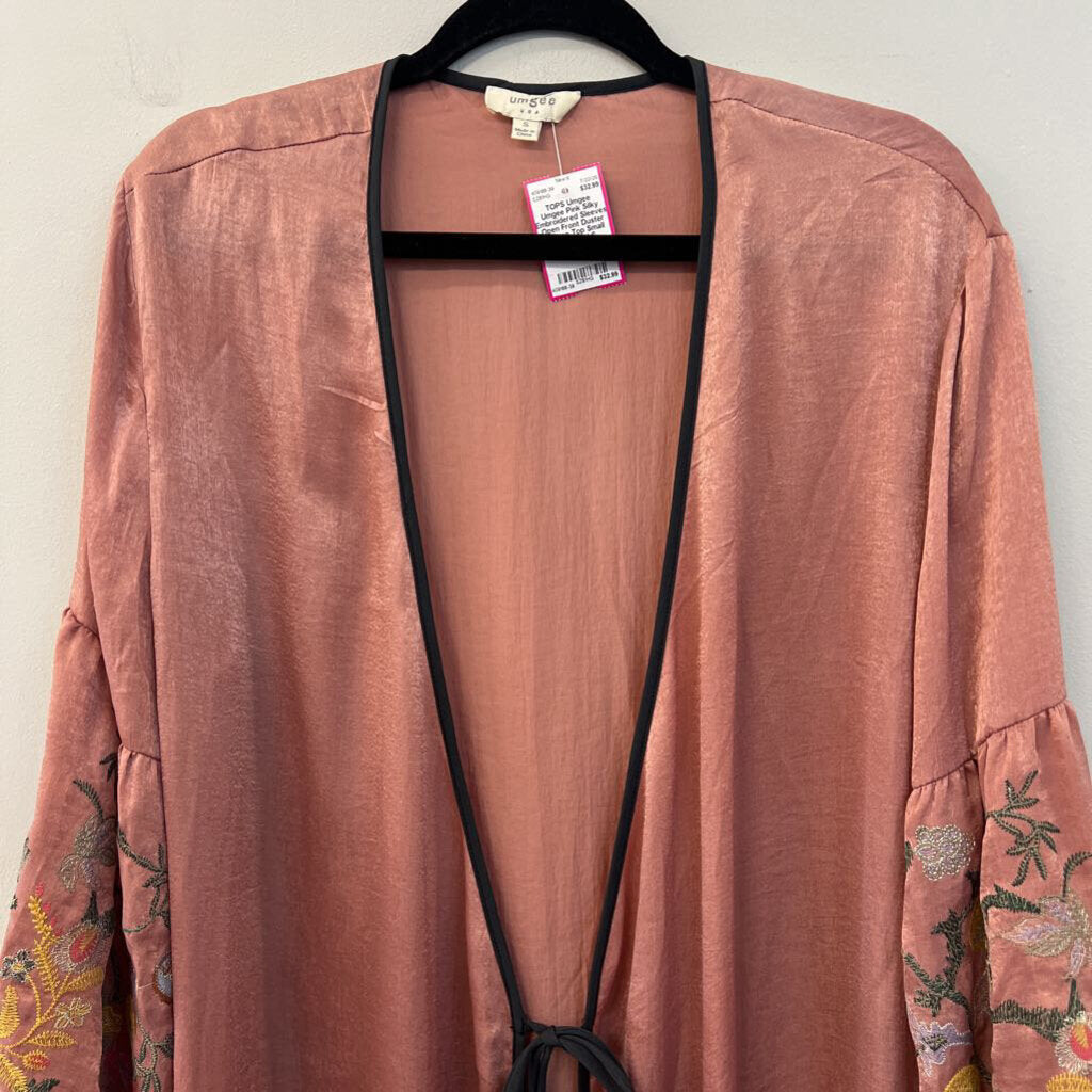 Umgee Pink Silky Embroidered Sleeves Open Front Duster Kimono Top Small