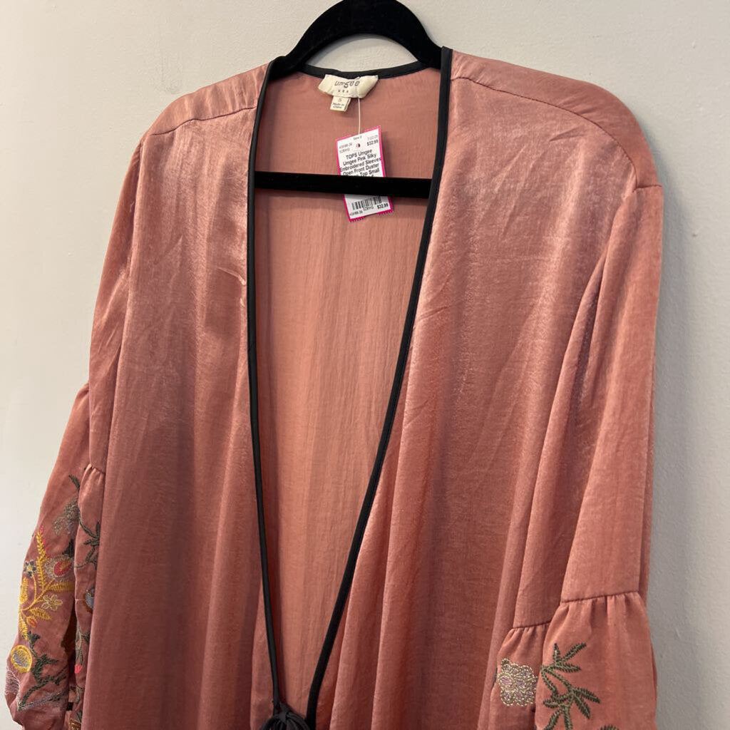 Umgee Pink Silky Embroidered Sleeves Open Front Duster Kimono Top Small