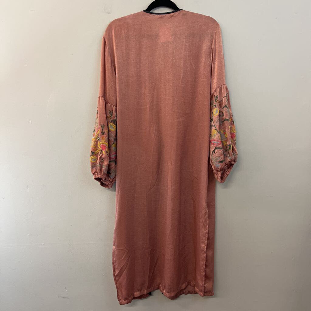 Umgee Pink Silky Embroidered Sleeves Open Front Duster Kimono Top Small