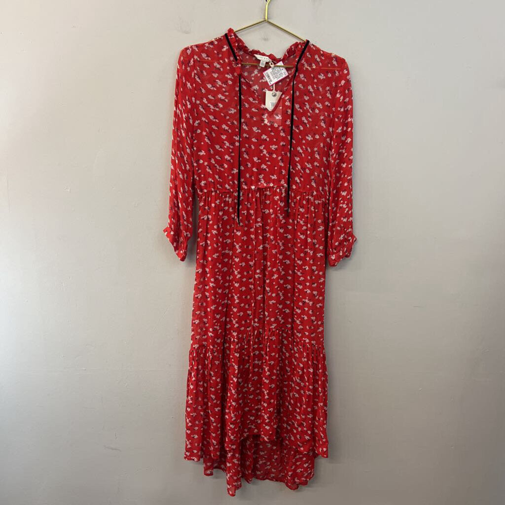 Lucky Brand Red/ White/ Black Flower Print Long Sleeve Midi Dress Small