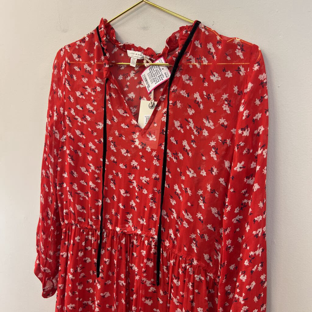 Lucky Brand Red/ White/ Black Flower Print Long Sleeve Midi Dress Small