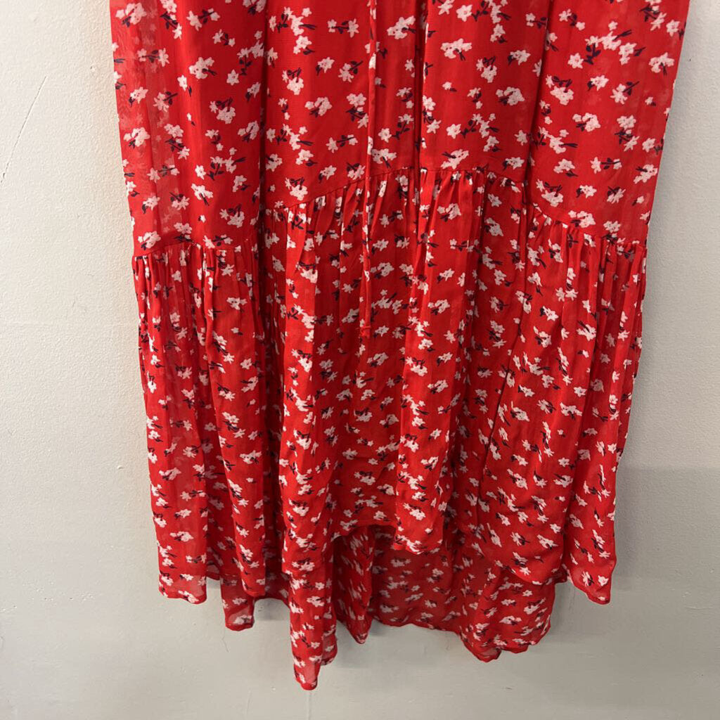 Lucky Brand Red/ White/ Black Flower Print Long Sleeve Midi Dress Small