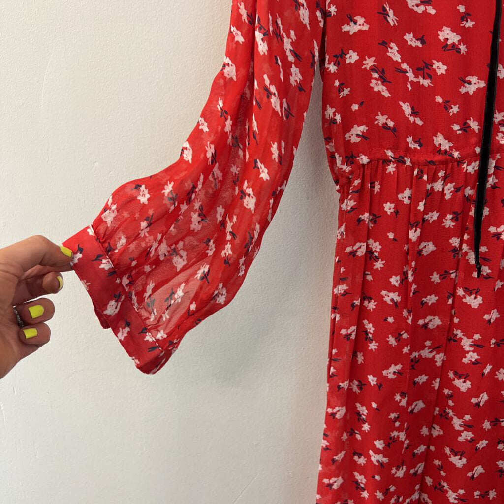 Lucky Brand Red/ White/ Black Flower Print Long Sleeve Midi Dress Small