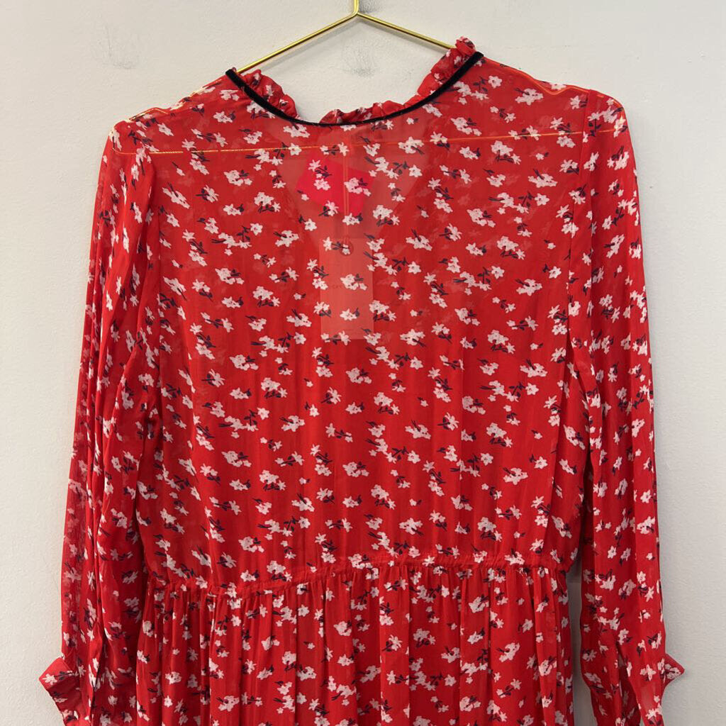 Lucky Brand Red/ White/ Black Flower Print Long Sleeve Midi Dress Small