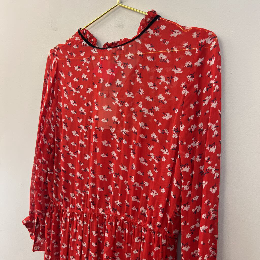 Lucky Brand Red/ White/ Black Flower Print Long Sleeve Midi Dress Small