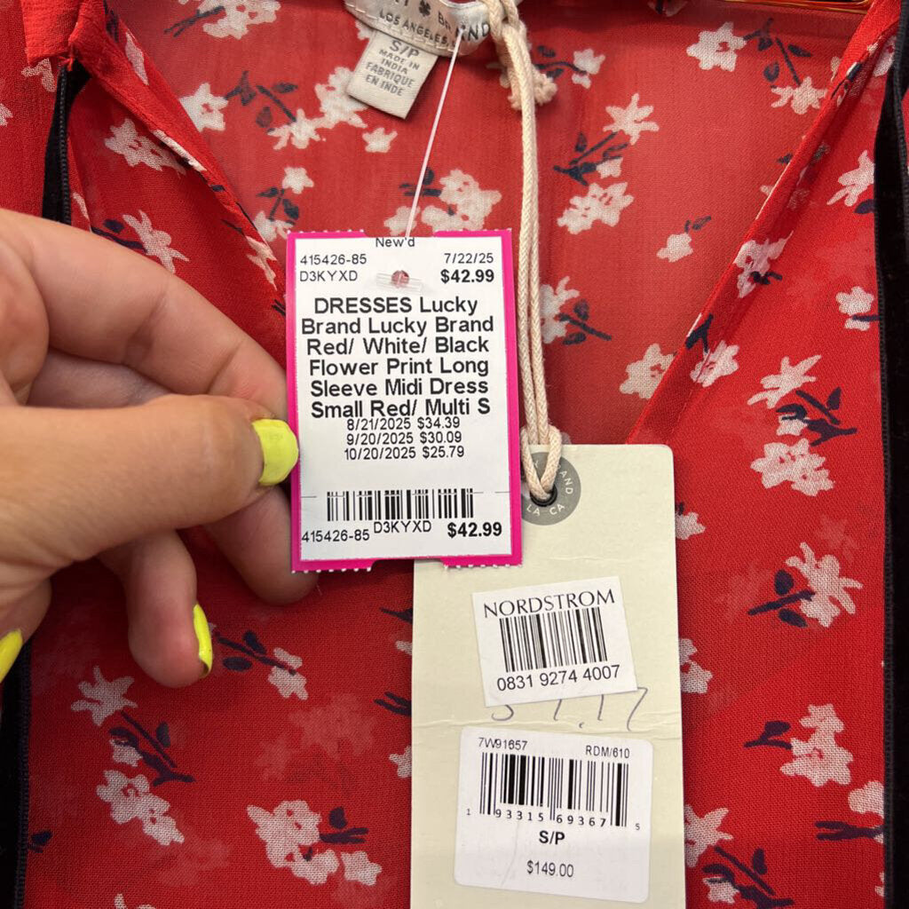 Lucky Brand Red/ White/ Black Flower Print Long Sleeve Midi Dress Small