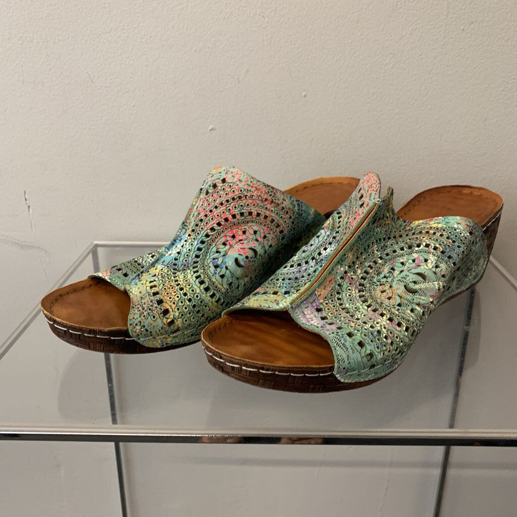 Bonavi Blue/ Multi Laser Cut Slip On Wedge Sandals 41