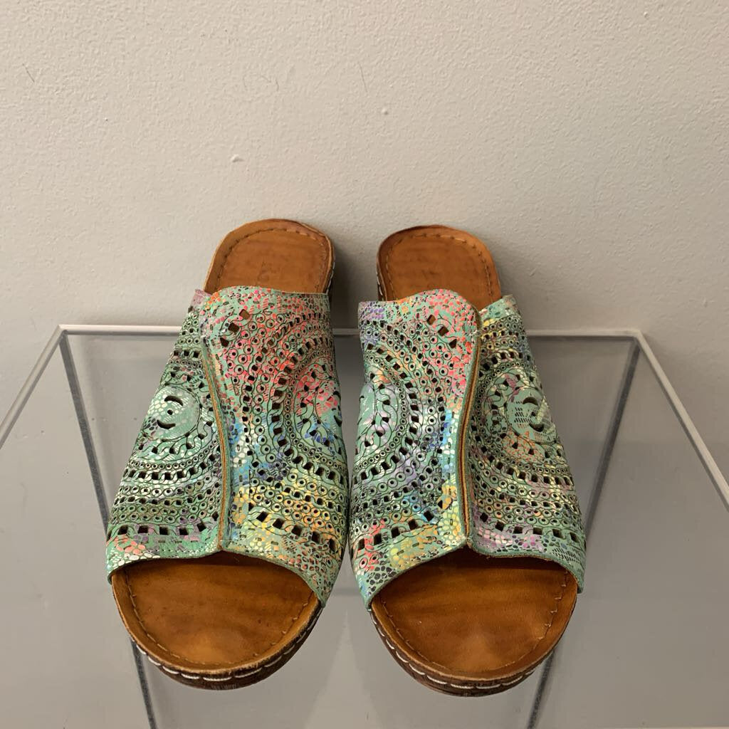 Bonavi Blue/ Multi Laser Cut Slip On Wedge Sandals 41