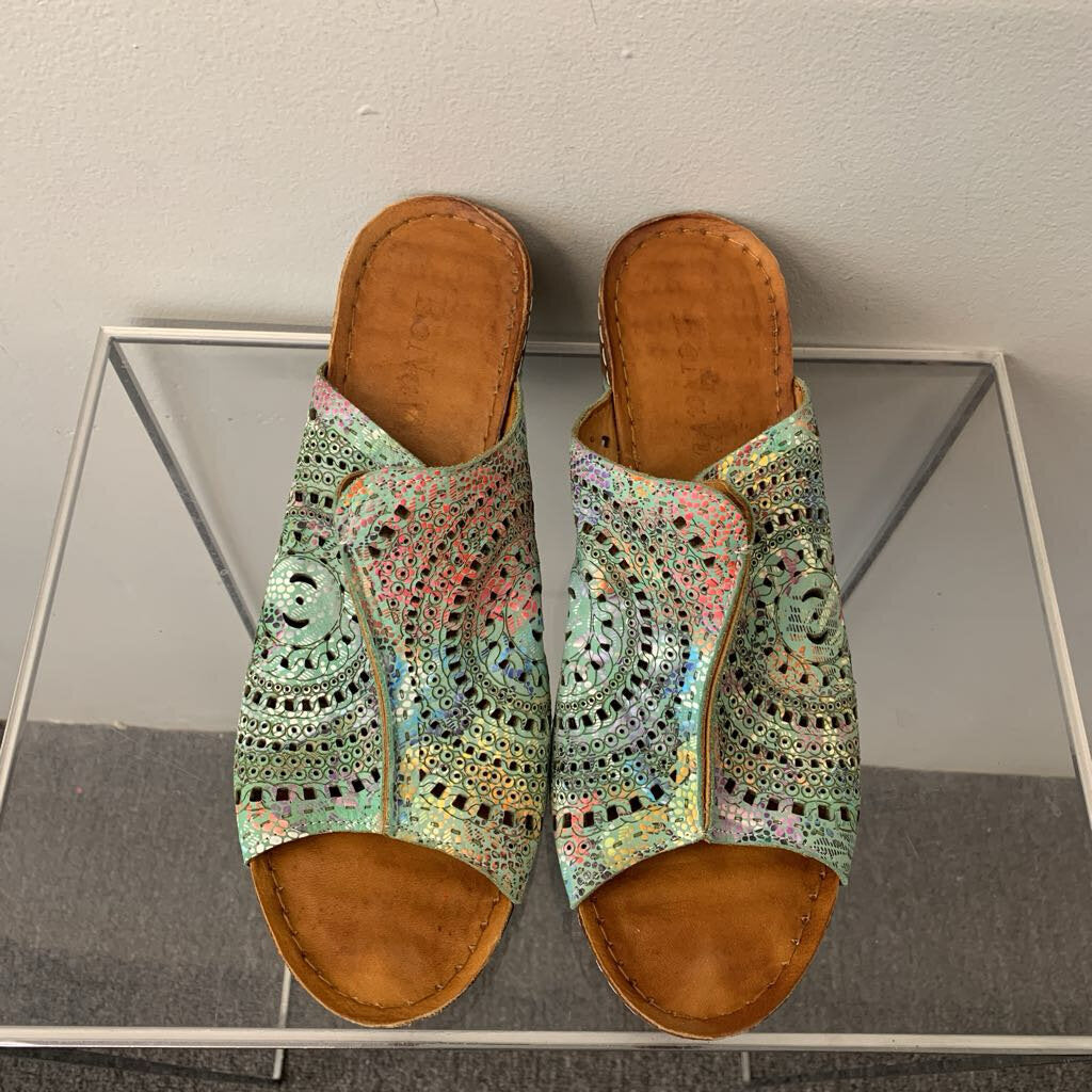 Bonavi Blue/ Multi Laser Cut Slip On Wedge Sandals 41