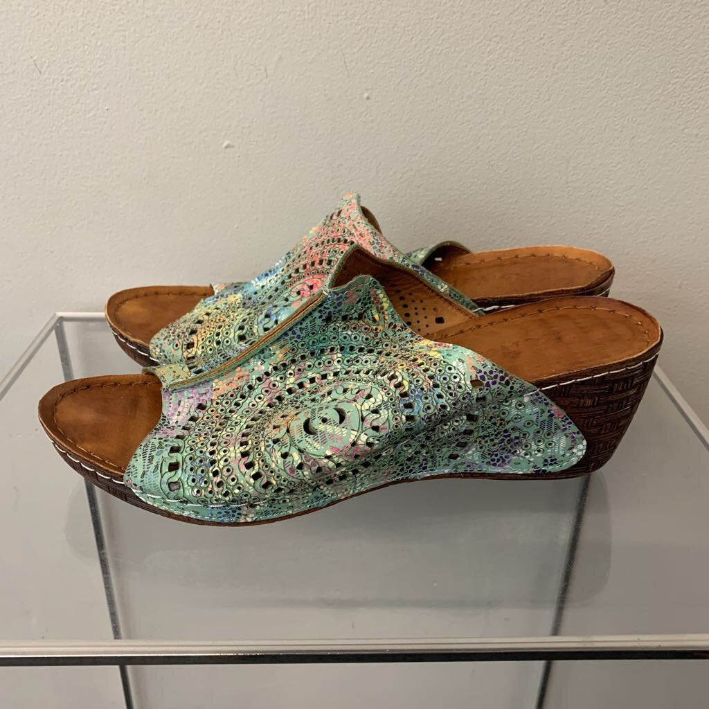 Bonavi Blue/ Multi Laser Cut Slip On Wedge Sandals 41