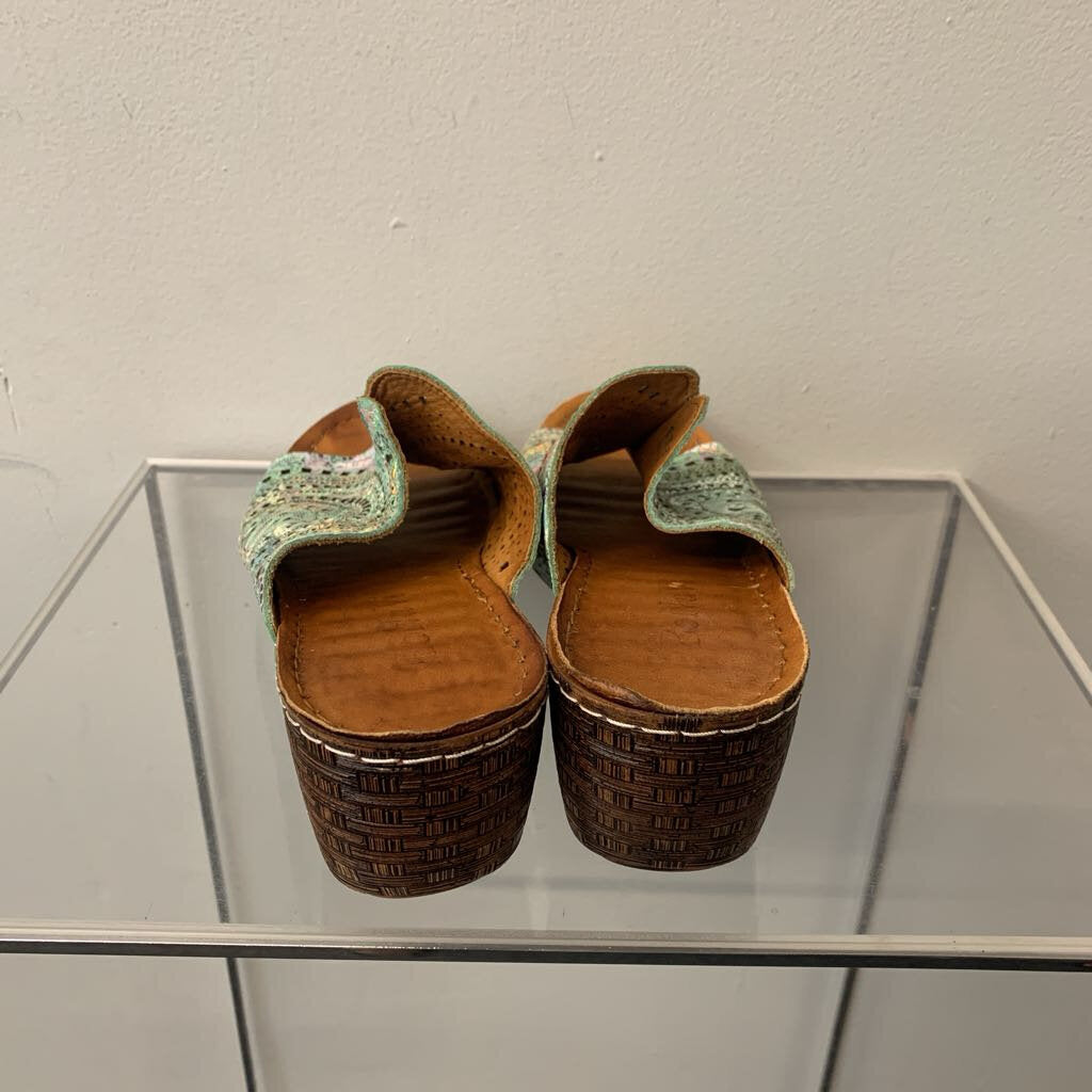 Bonavi Blue/ Multi Laser Cut Slip On Wedge Sandals 41