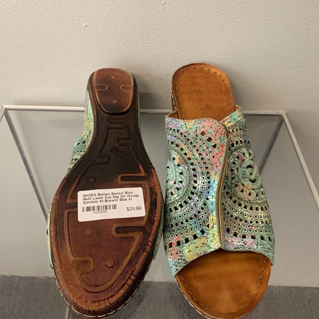 Bonavi Blue/ Multi Laser Cut Slip On Wedge Sandals 41
