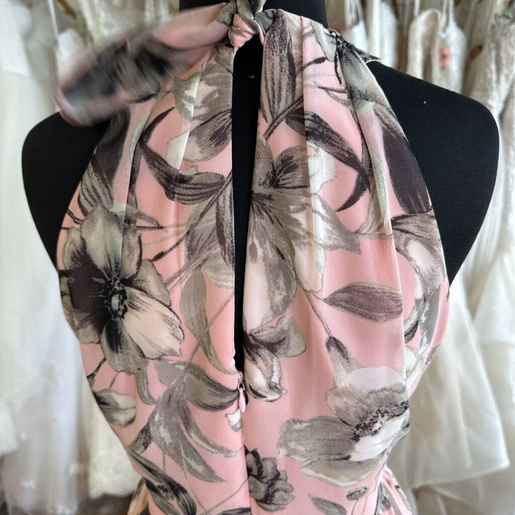 Eliza J Pink/ Black/ White Flower Print High Neck Long Formal Dress 10