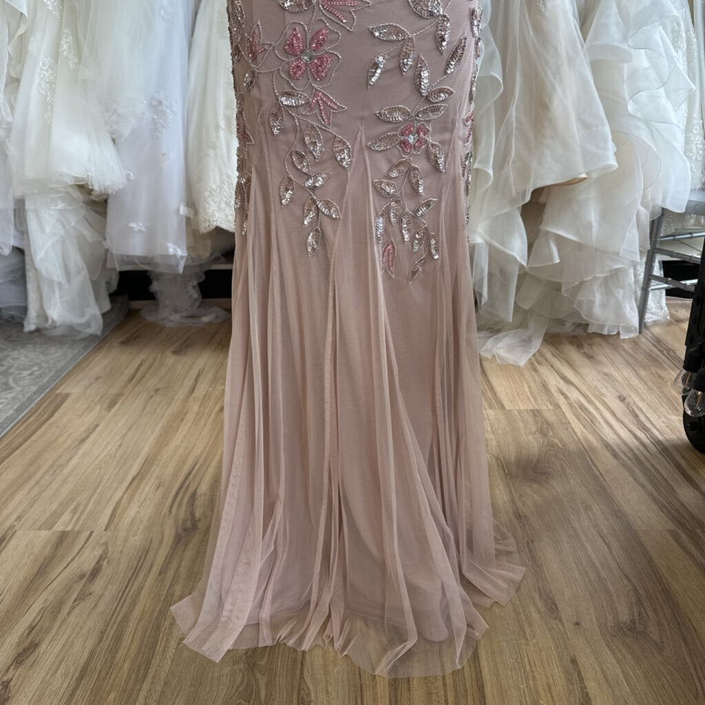 Adrianna Papell Pink Beaded Short Sleeve Long Formal Dress 8