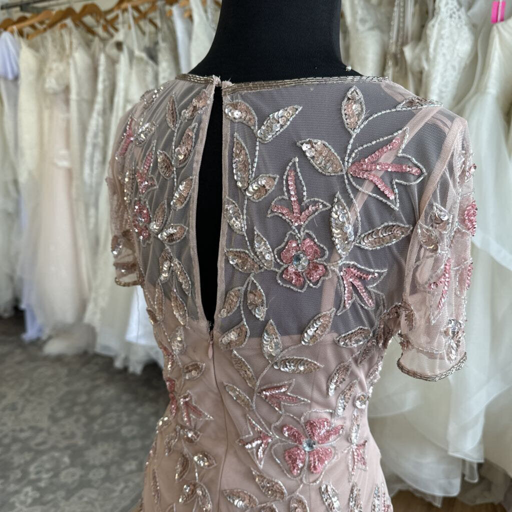 Adrianna Papell Pink Beaded Short Sleeve Long Formal Dress 8