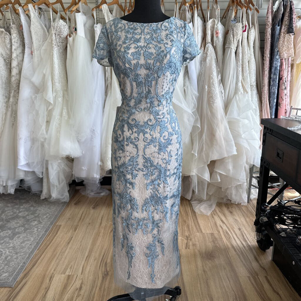 Azazie Blue/ Beige Layered Lace Short Sleeve Long Formal Dress 10