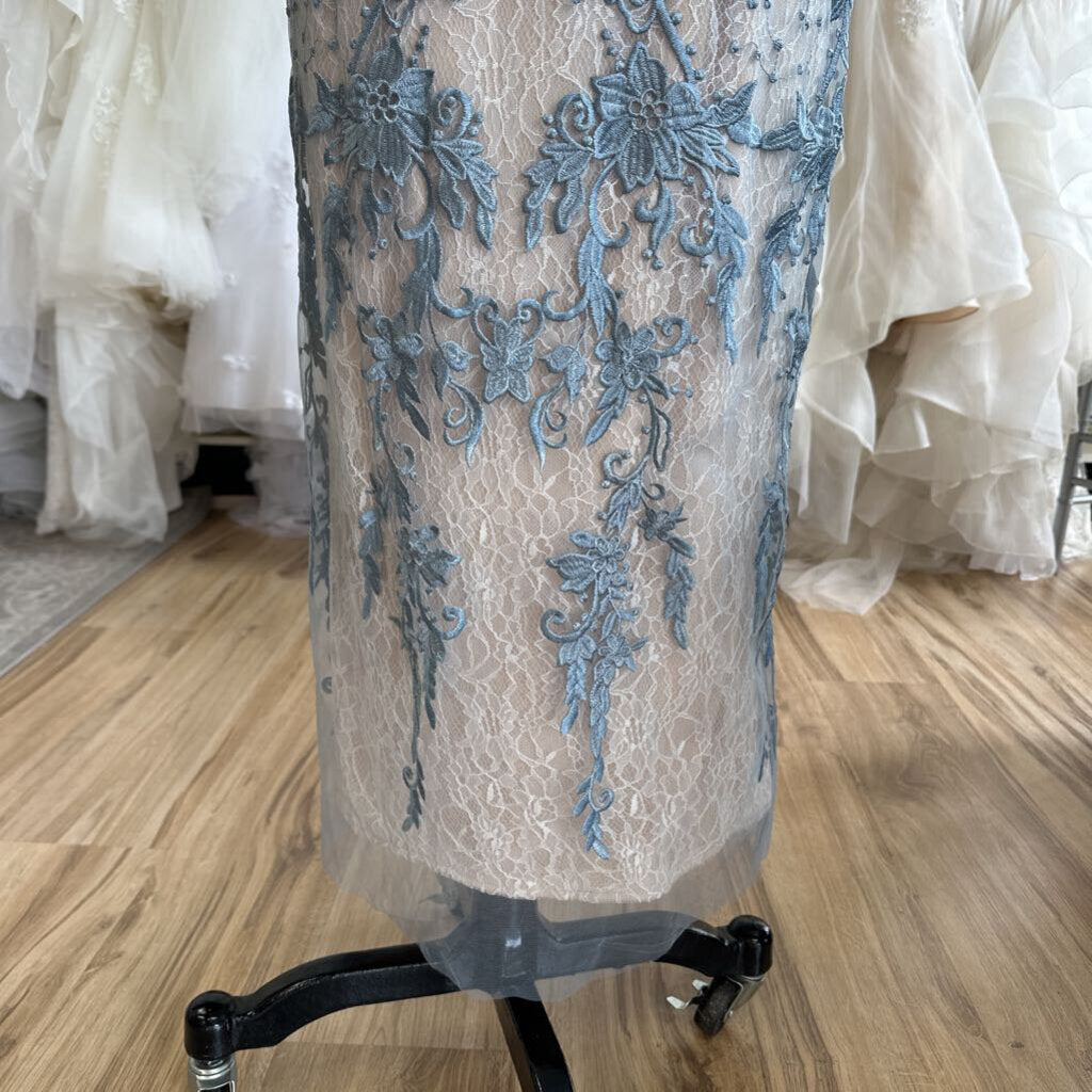 Azazie Blue/ Beige Layered Lace Short Sleeve Long Formal Dress 10